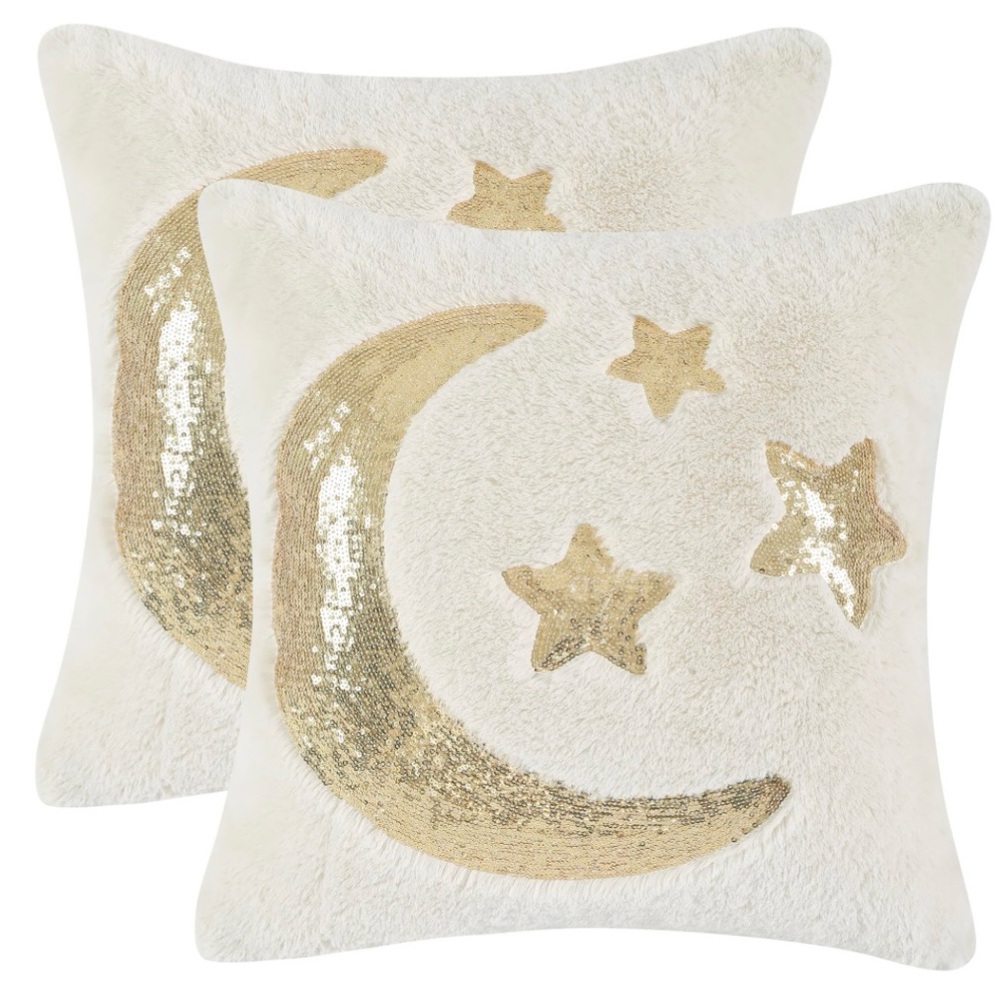Throw Pillow Covers Gold Sequin Moon and 3 Stars Set of 2 NEW Size 18” x 18”
